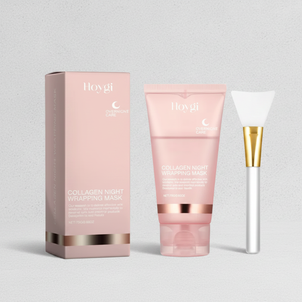 Collagen night wrapping mask set with packaging, tube, and applicator on a white background