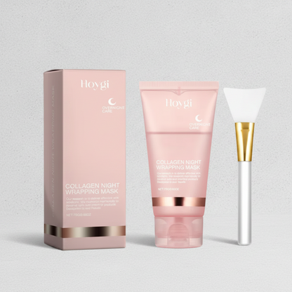 Collagen night wrapping mask set with packaging, tube, and applicator on a white background